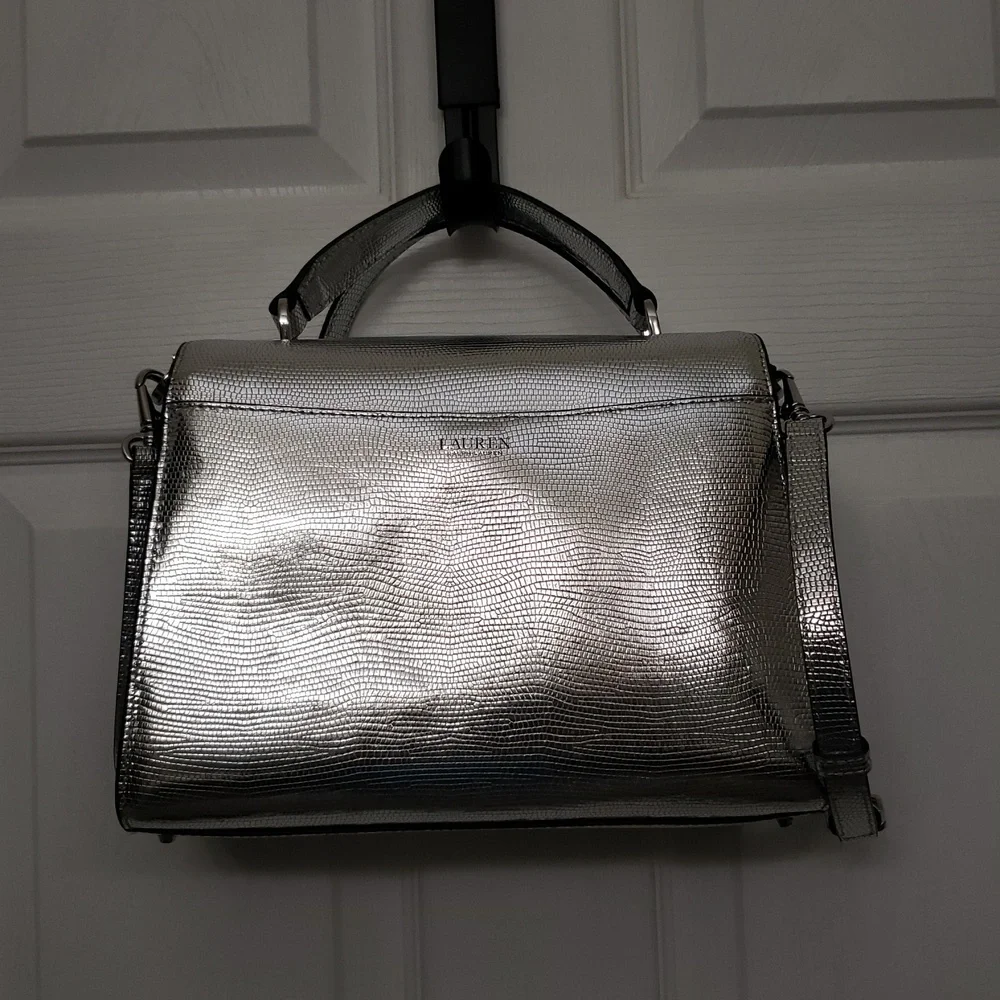 Lauren Ralph LaurenSilver Satchel with Structured Shape and Flap Closure.‎ (B1)